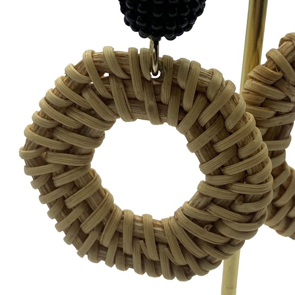 Rattan Dangle Hoop Earrings Boho Pierced Straw Wicker Braided Woven Earrings Tan - Picture 8 of 13